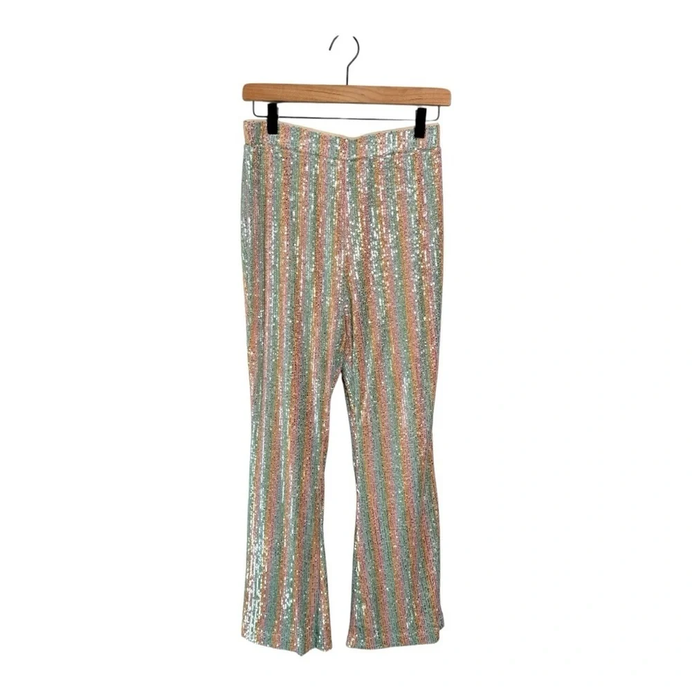 Chelsea & Violet Girls Sequin Bell Bottom Pink Silver Rainbow Pants NEW Size L